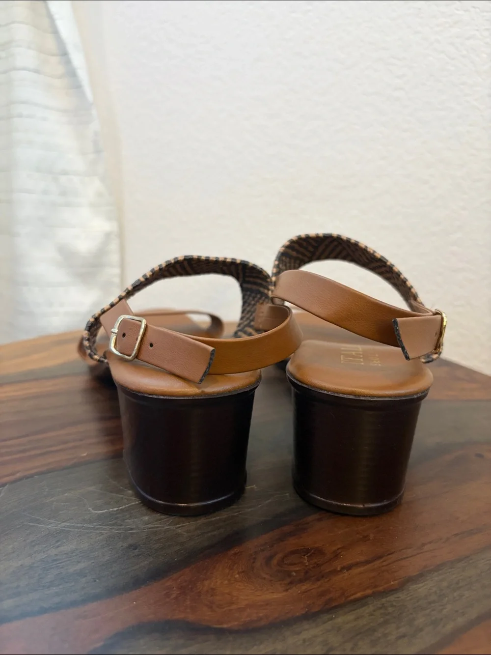 Italian Shoemakers Woven Strap Tan Leather Block Heel Sandals